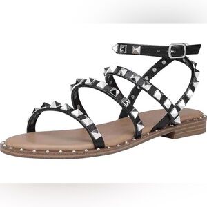 Women's Black Pyramid Stud Strappy Flat Sandals